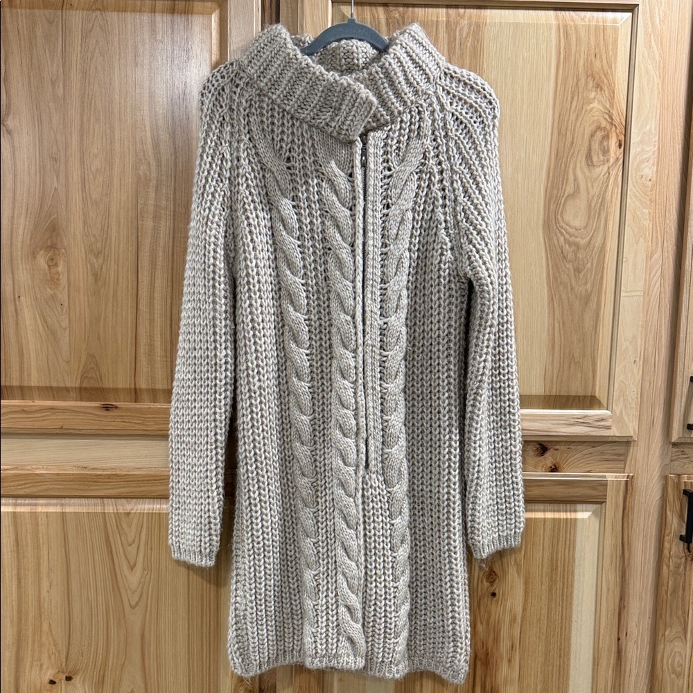 Anthropologie Elsamanda Cozy Cream Italian Chunky Cable Knit Zip Sweater Sz M